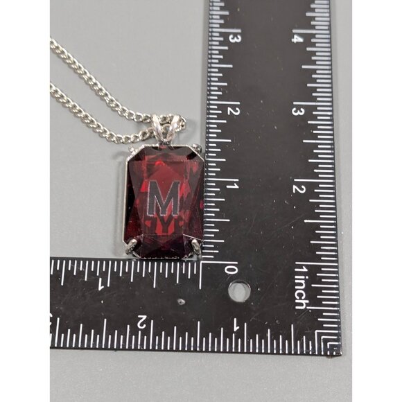 Red Rhinestone Initial Letter M Rectangle Solitaire Pendant necklace Silver Tone - Picture 8 of 8